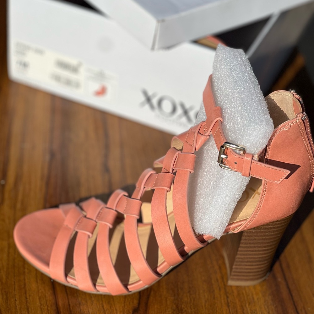 XOXO Pink Strappy Heels with Chunky Heel